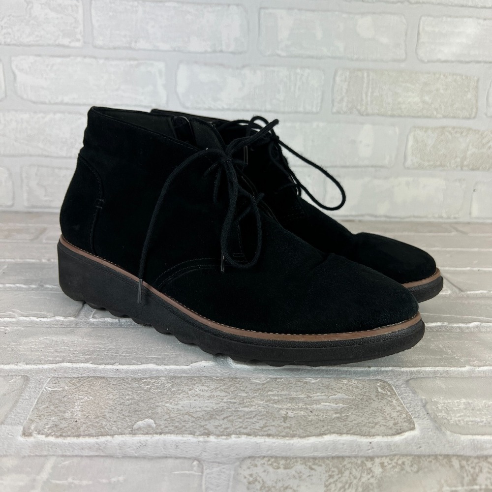 Clarks Ankle Booties Womens 10 Black Sharon Hop Side Zip Lace Up Wedge Boots
